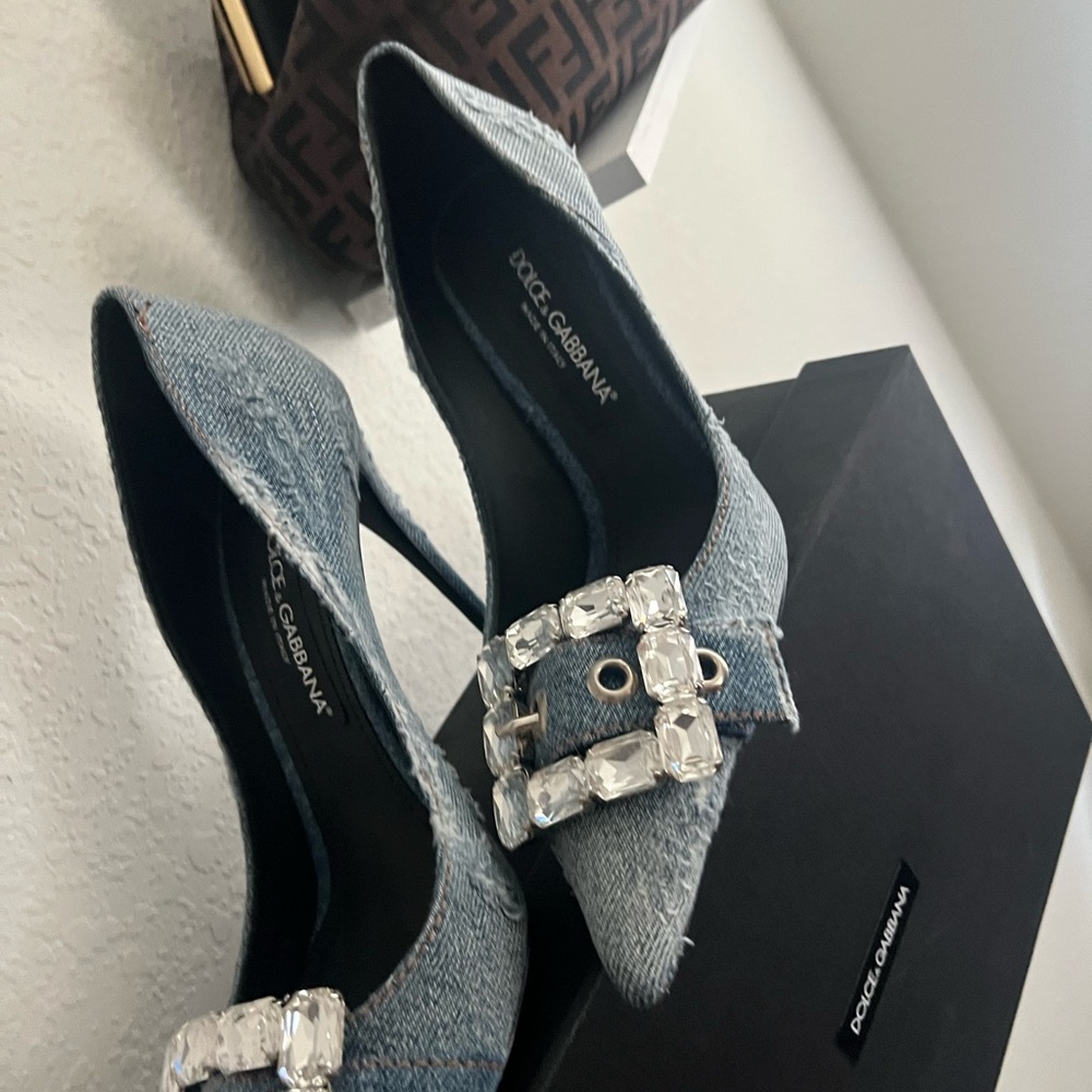 Dolce & Gabbana Crystal Buckle Denim Heels